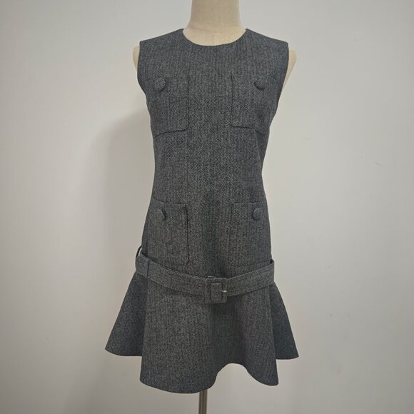 Self-Portrait NWOT GREY HERRINGBONE FLARED MINI DRESS - Picture 2 of 11